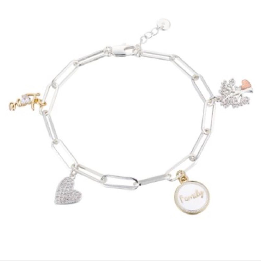 NWT Unwritten Genuine Pave Crystal Heart, Love and Tree Charm Bracelet - Silver